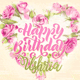 A stunning heart made of pink roses surrounds the elegant script text 'Happy Birthday Ushria' on a soft beige background. Animated sparkles add a magical and festive feel.