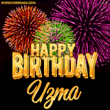 A golden 'Happy Birthday Uzma' message with vibrant fireworks in the background, creating a festive and celebratory vibe in this animated name GIF.
