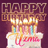 A colorful birthday cake topped with lit candles, with the words 'Happy Birthday Uzma' in bold glowing letters on a burgundy background. Animated flames add a festive touch.