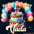 Hand-drawn happy birthday cake adorned with an arch of colorful balloons - name GIF for Vada