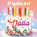 Personalized for Vada elegant birthday cake adorned with rainbow sprinkles, colorful candles and glitter