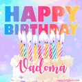Animated Happy Birthday Cake with Name Vadoma and Burning Candles
