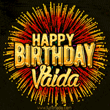 Golden 'Happy Birthday Vaida' text accompanied by animated rainbow fireworks for a festive animated greeting.