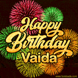 Golden text reading 'Happy Birthday Vaida' surrounded by vibrant fireworks in red, green, and yellow, set against a dark background in this celebratory birthday GIF.