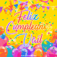 A bright and festive GIF with the text 'Feliz Cumpleaños Vail' in Spanish in colorful fonts, surrounded by confetti, balloons, and festive banners on a vibrant yellow background.