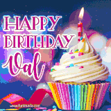 A festive animated GIF featuring a colorful cupcake with a single lit candle, sprinkles, and 'Happy Birthday Val' text against a sparkling, celebratory background.