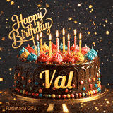 Chocolate drip cake with colorful cream peaks, candles, and a gold Happy Birthday topper on a stand, personalized for Val.