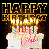 A vibrant animated GIF featuring a delicious birthday cake topped with glowing candles and the name 'Val' in elegant script, and the words 'Happy Birthday' on the black background.