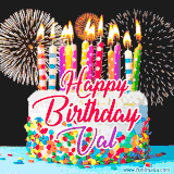 A lively happy birthday animated GIF showcasing a colorful birthday cake covered in sprinkles, topped with glowing candles, and surrounded by vibrant fireworks. The name 'Val' is featured in elegant script.