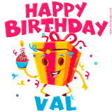 A funny animated birthday GIF with the words 'Happy Birthday Vala', colorful gift box with arms and legs, holding a cupcake with a lit candle  with confetti everywhere.