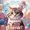 Happy birthday gif for Valente with cat and cake