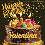 A delightful chocolate birthday cake with bright candles and 'Happy Birthday Valentina' written in gold amidst a shower of animated stars.
