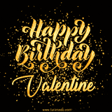 Animated GIF with colorful, festive 'Happy Birthday Valentine' text decorated with patterns, a party hat, and falling confetti. A vibrant and cheerful design for birthday celebrations.