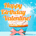 A cheerful animated GIF of a cupcake with creamy frosting, a red checkered ribbon, and a bright sparkler on top. The text 'Happy Birthday Valentine!' is displayed in vibrant orange and red.