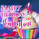 A festive animated GIF featuring a colorful cupcake with a single lit candle, sprinkles, and 'Happy Birthday Valentine' text against a sparkling, celebratory background.
