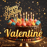 A birthday cake with colorful frosting swirls, burning candles, and the name Valentine on a dark, sparkly background.