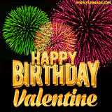 A captivating GIF with bursts of green, pink, and orange fireworks lighting up the night sky, accompanied by 'Happy Birthday Valentine' in glowing golden text.