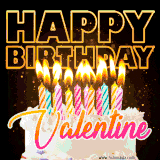 A vibrant animated GIF featuring a delicious birthday cake topped with glowing candles and the name 'Valentine' in elegant script, and the words 'Happy Birthday' on the black background.