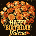 Beautiful bouquet of orange and red roses for Valeria, golden inscription and twinkling stars