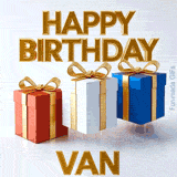 High definition animated birthday greeting for Van showcasing vibrant red, white, and blue gift packages jumping alongside elegant gold lettering