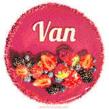 Beautifully decorated red velvet berry birthday cake with vibrant fruits and a glowing 'Van' name, adding a touch of sweetness and sparkle.