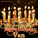 A glowing personalized birthday GIF with name Van featuring lit candles with intricate designs, warm lighting, and the text 'Happy Birthday' in an elegant font.