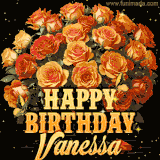 Animated bouquet of orange roses with moving butterfles and golden 'Happy Birthday Vanessa' text, surrounded by sparkling accents and a dark backdrop for a luxurious feel.