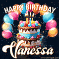 Hand-drawn happy birthday cake adorned with an arch of colorful balloons - name GIF for Vanessa