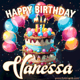 Bright birthday animation for Vanessa with a chocolate cake, candles, balloons, and glowing celebratory lights.