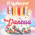 Personalized for Vanessa elegant birthday cake adorned with rainbow sprinkles, colorful candles and glitter