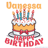 Cartoon birthday cake with a red bow, glowing candles, and 'Vanessa Happy Birthday' text in bold animated style.