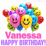 Animated colorful and joyful birthday balloons with cheerful smiles and a bright 'Happy Birthday Vanessa!' message in pink and purple.