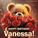 Cinematic style cute animated teddy bear with charming features holding a large bouquet of red roses, the words say 'Happy Birthday Vanessa' in sans serif font.