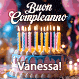 Birthday cake topped with pink and yellow lit candles, surrounded by glowing bokeh lights and party balloons. The greeting 'Buon Compleanno Vanessa GIF!' is displayed.