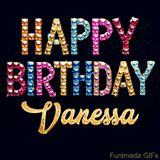 Vibrant luxury birthday greeting card for Vanessa, showing glittering gemstone letters and golden calligraphy on a dark background with twinkling shine effects.