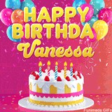 Pink-themed animated greeting with balloons, confetti, and a frosted cake under the message 'Happy Birthday Vanessa' in bold rounded yellow font.
