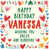 A colorful animated card for Vanessa’s birthday featuring playful hearts, cheerful flowers, and a handwritten message wishing smiles and sunshine.