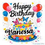 An animated birthday card for Vanessa. It features a festive cake with her name, 'Vanessa', and colorful butterflies. Floating balloons and hearts complete the joyful scene.