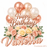 Seamlessly looping Happy Birthday Vanessa wish with pastel flowers and balloons