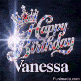 Shimmering animated card with a royal silver crown and crystal lettering on a dark backdrop for Vanessa's celebration.