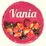 Beautifully decorated red velvet berry birthday cake with vibrant fruits and a glowing 'Vania' name, adding a touch of sweetness and sparkle.