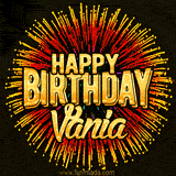 Golden 'Happy Birthday Vania' text accompanied by animated rainbow fireworks for a festive animated greeting.