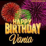 A golden 'Happy Birthday Vania' message with vibrant fireworks in the background, creating a festive and celebratory vibe in this animated name GIF.