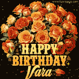 Animated bouquet of orange roses with moving butterfles and golden 'Happy Birthday Vara' text, surrounded by sparkling accents and a dark backdrop for a luxurious feel.