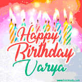 Bright birthday candles with rainbow flames on a cake, alongside the text 'Happy Birthday Varya' in vibrant script in this celebratory animated GIF.