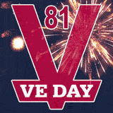 Commemorative GIF for the 81st anniversary of VE Day, showing a bold red letter V, number 81, and celebratory fireworks in the background on a dark sky.