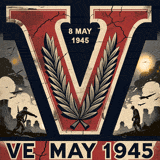 Artistic GIF featuring  VE May 1945  and vintage war scene with dark skies, ruins, and troops on both sides.