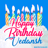 A cheerful animated GIF featuring colorful lit birthday candles on a white cake, with the text 'Happy Birthday Vedansh' in bold red and blue script on a bright blue background.