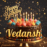 Shimmering birthday animation for Vedansh featuring a detailed chocolate drip cake and golden star particles.