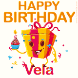 A vibrant and funny gift box character with a happy face dancing with a cupcake and the text 'Happy Birthday Vela,' surrounded by animated confetti and party vibes.